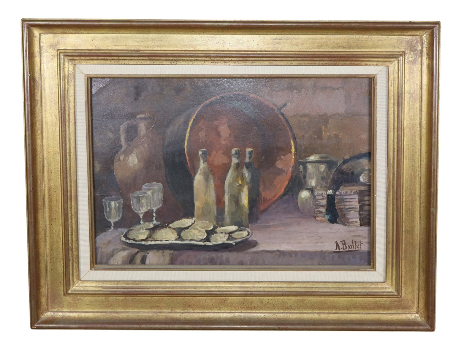 French oil on board painting still life with oysters, wine bottles and copper: French oil on board painting still life with oysters, wine bottles and copper. Signed l/r.Overall: 20"h x 25 1/4"w Sight: 12 1/2"h x 17 1/2"w Weight: 4lbs