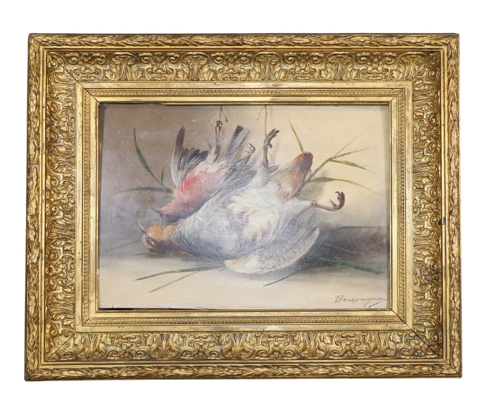 French oil on board still life painting of a game bird: French oil on board still life painting of a game bird, signed l/r Maurice-Jean Bourguignon (1877-1925). 14 1/4"h x 18"w, sight: 9"h x 12 1/2"w. Weight: 4lbs
