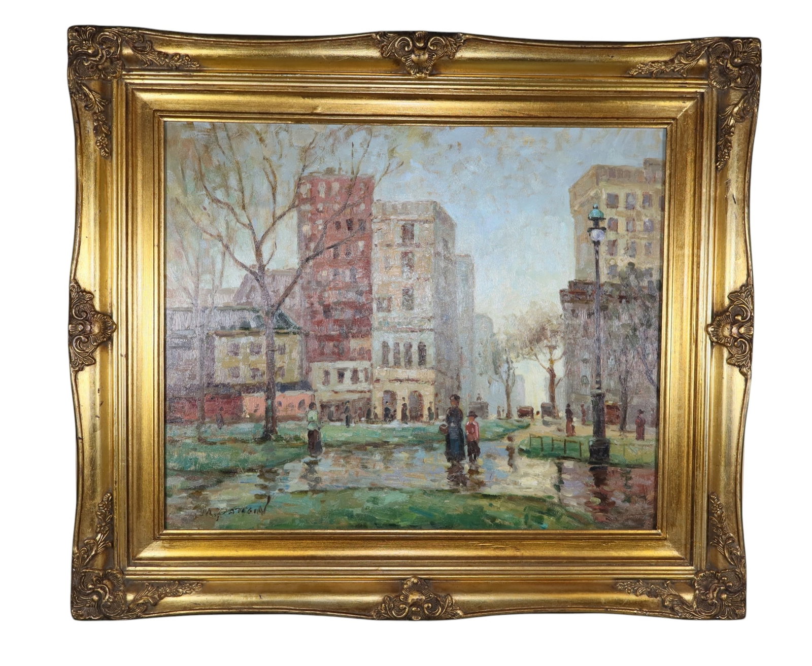Continental oil on canvas painting city scene: Continental oil on canvas painting city scape. Late 20th century. Signed l/l (M. Patagin) 27"h x 31 1/2"w sight: 19"h x 23 1/2"W. Weight: 9lbs