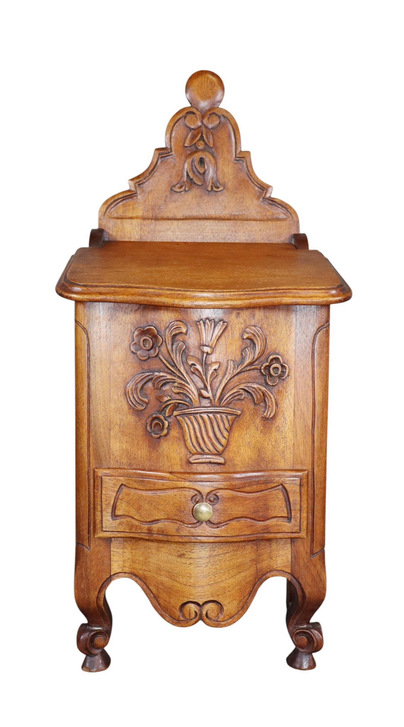 French Louis XV style carved walnut salt box: French Louis XV style carved walnut salt box with hinged lid and a small drawer below. Hand carved floral motifs on delicate cabriole-style feet. Late 19th century. 19"h x 9"w x 7"d. Weight: 6lbs