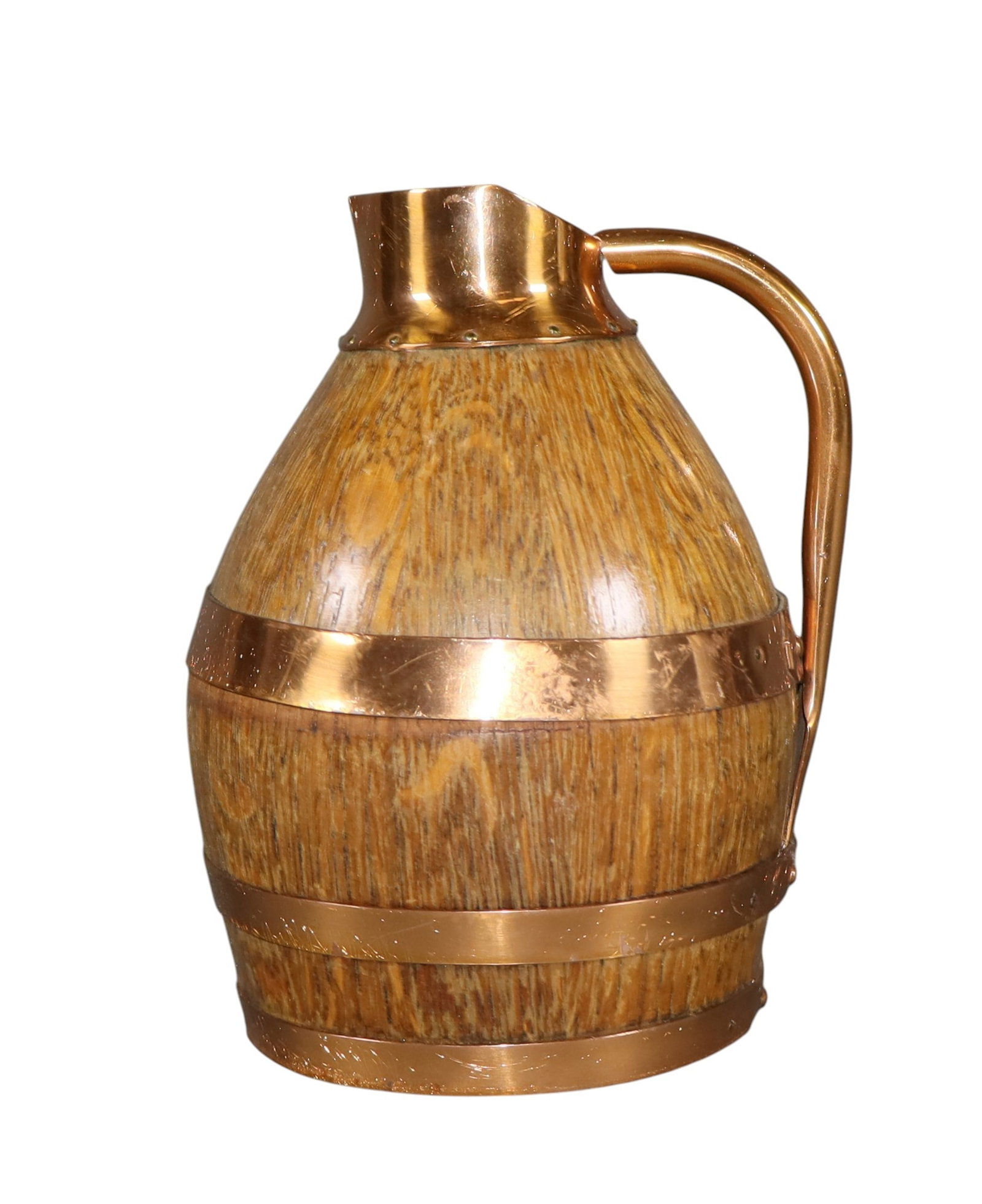 French miniature oak wine pitcher with copper bands marked PH FOULON (1 of 7)