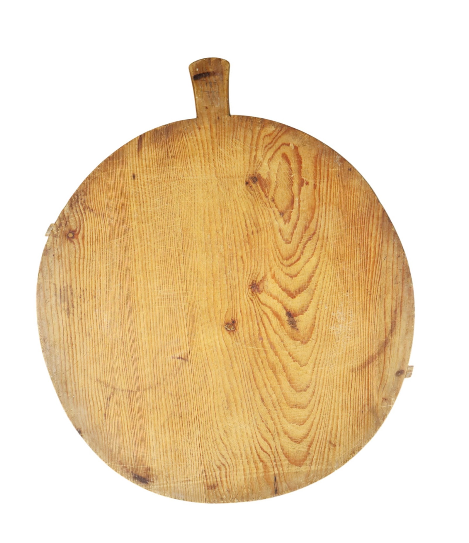 Round French baker's breadboard in pine: Round French baker's breadboard in pine. 26 1/8"l to handle, 22"dia x 3/4" thick. Weight: