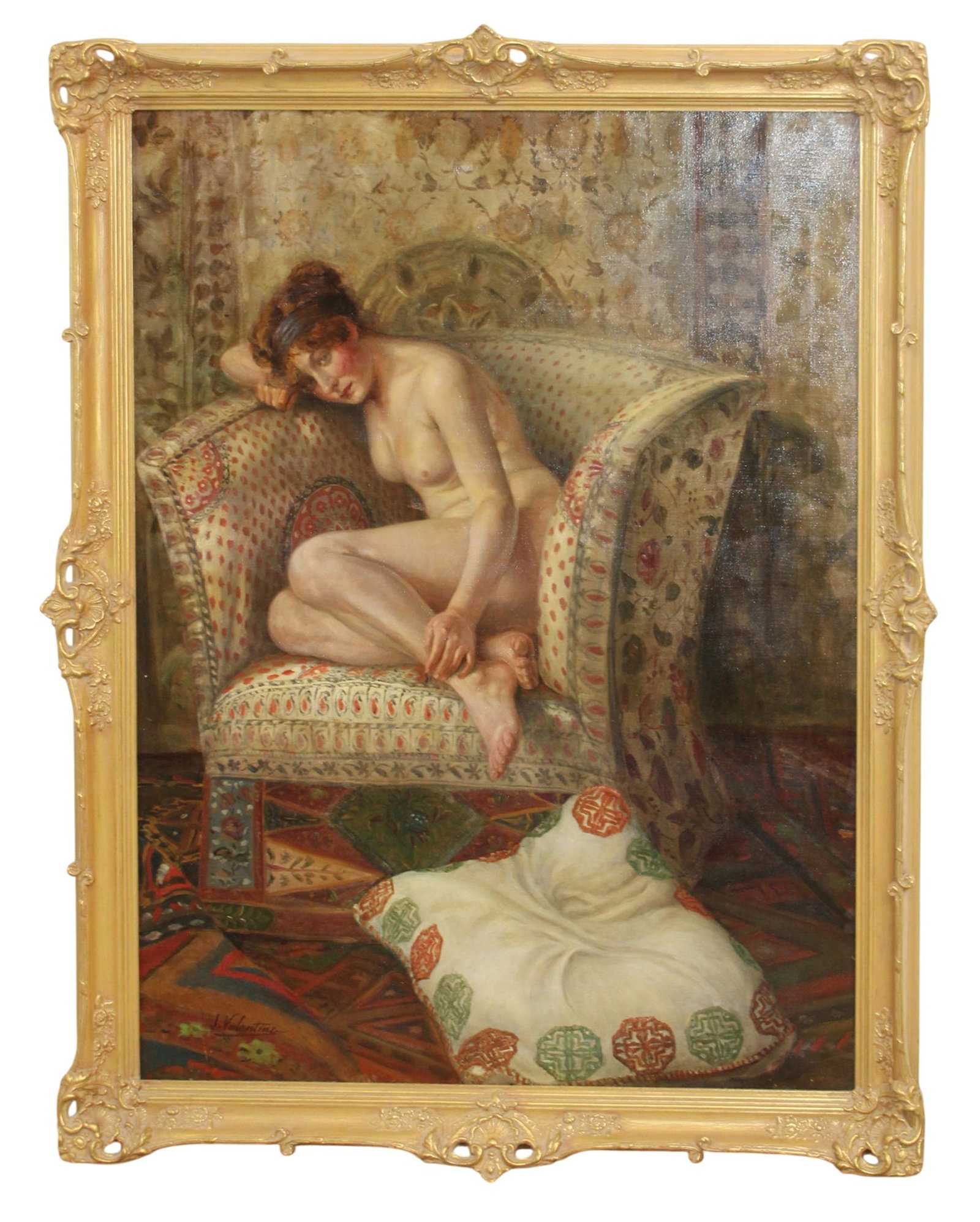English oil on canvas painting interior scene with seated nude woman