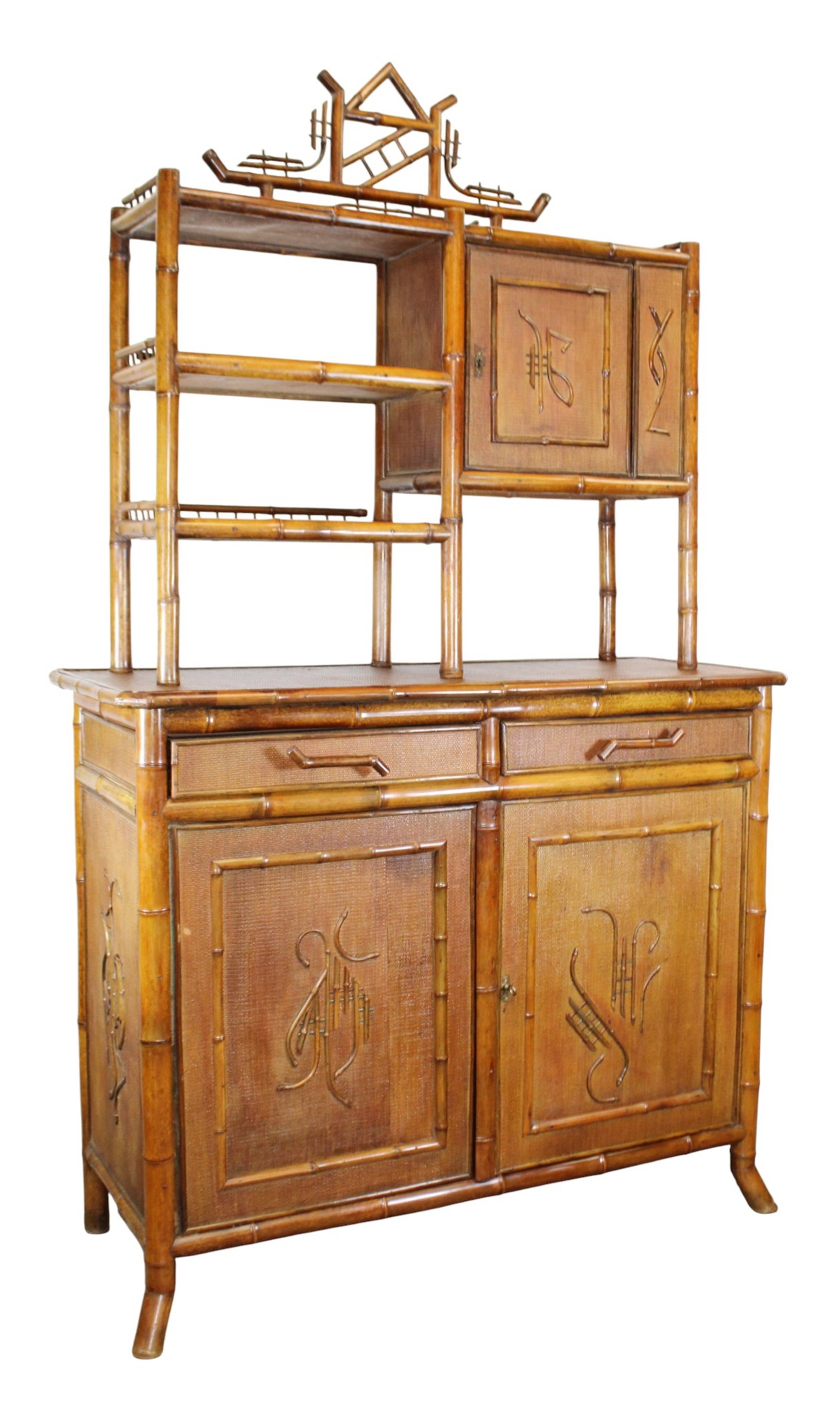 English Chinoiserie faux bamboo buffet etagere with rattan (1 of 12)