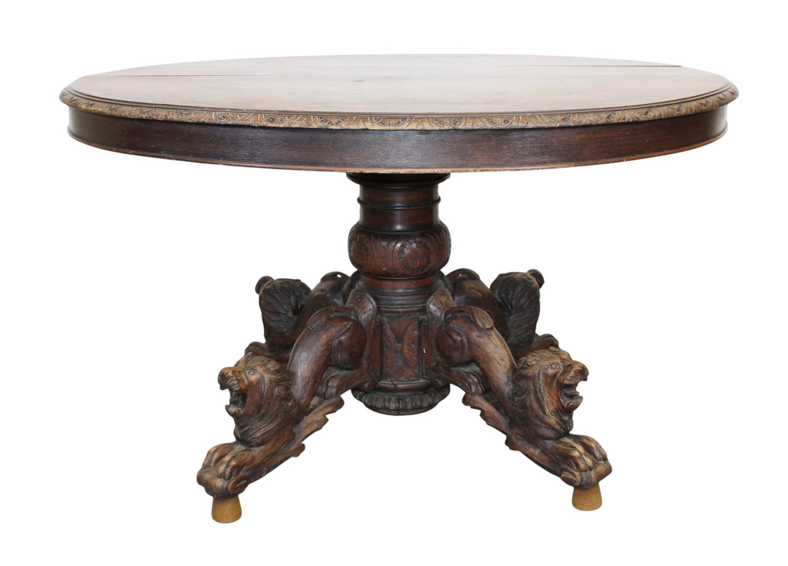French pedestal base table in oak with figural lion carvings (1 of 7)