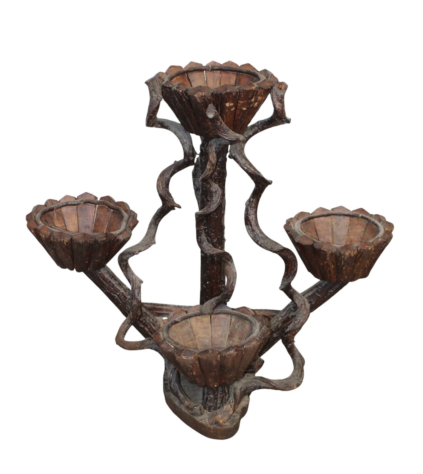 French naturalistic plant stand: French naturalistic twig plant stand with 4 pot holders. Early 20th century. 30 1/2"h x 32 3/4"w x 14"d