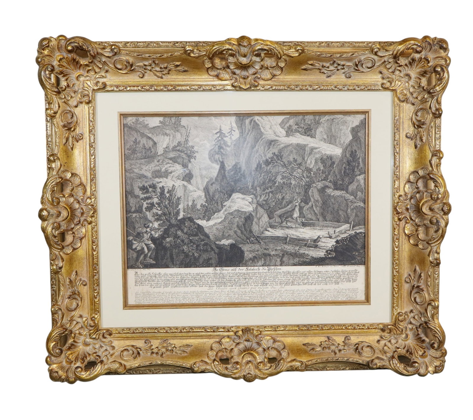 German copper plate engraving The Chamois at the Salt Lick by Johann Elias Ridinger: German copper plate engraving The Chamois at the Salt Lick by Johann Elias Ridinger. Overall: 21 3/8"h x 25 3/8"w x 3"d Sight: 12 1/4"h x 15 3/4"w Weight: 10lbs