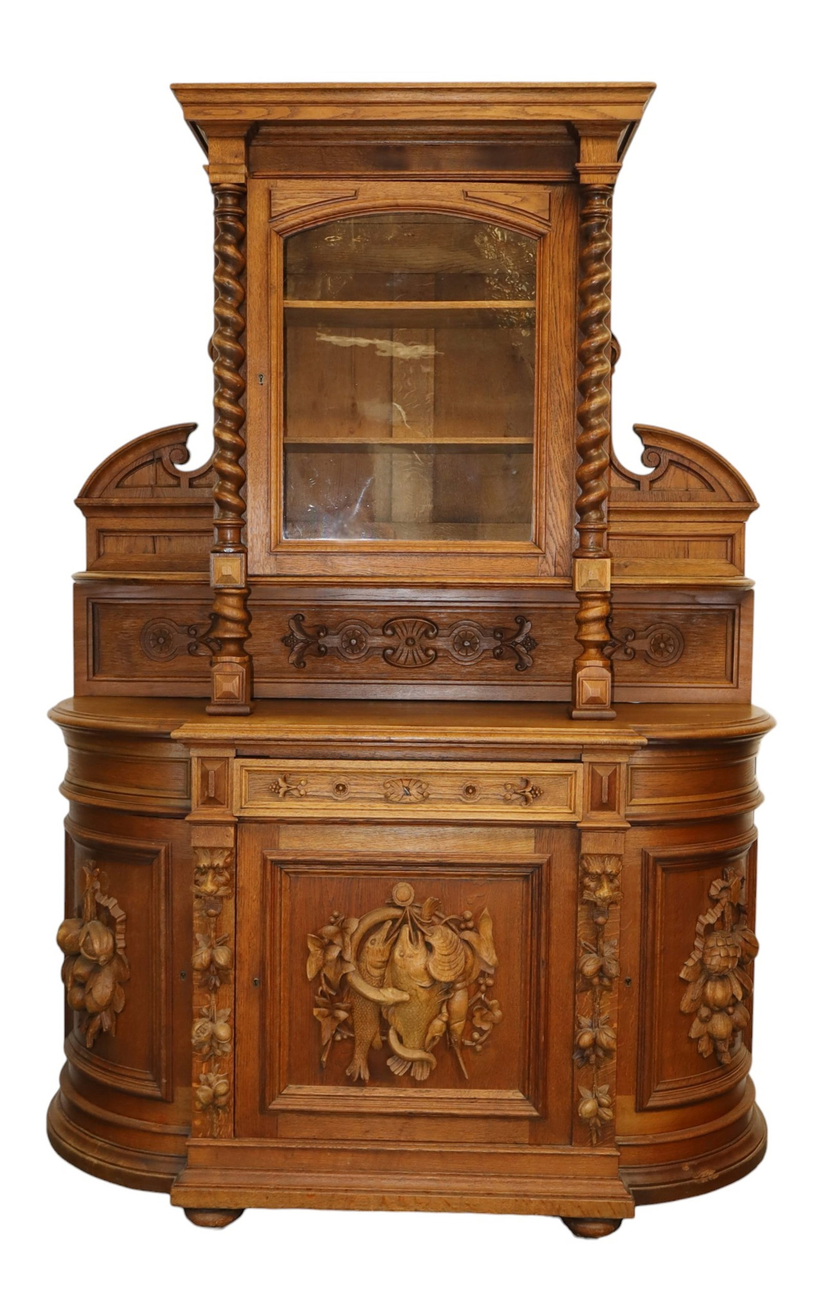 French Renaissance hunt buffet in oak with heavily relief carved doors (1 of 13)
