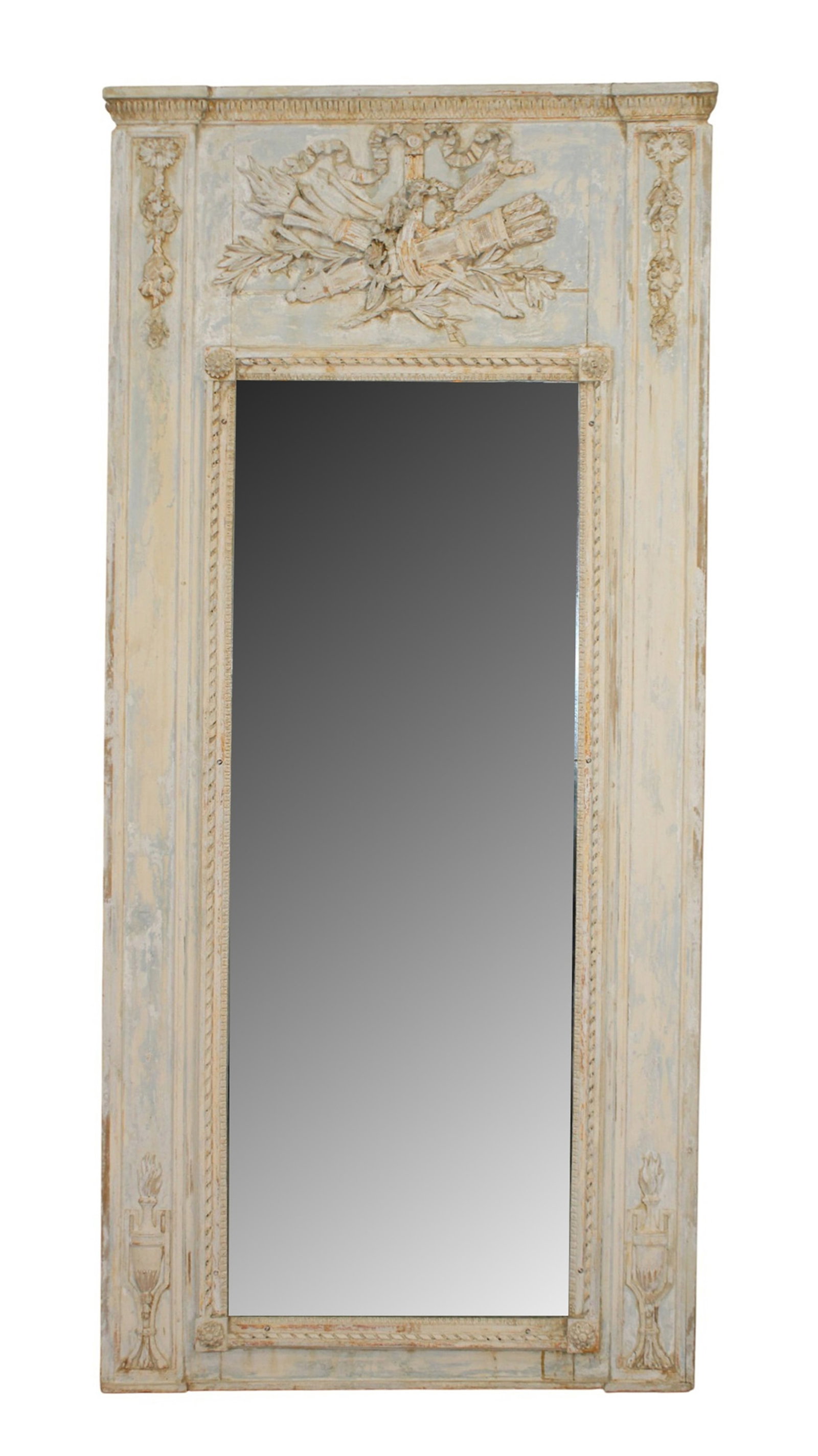 French 18th c Louis XVI trumeau mirror with torch and quiver in relief (1 of 10)