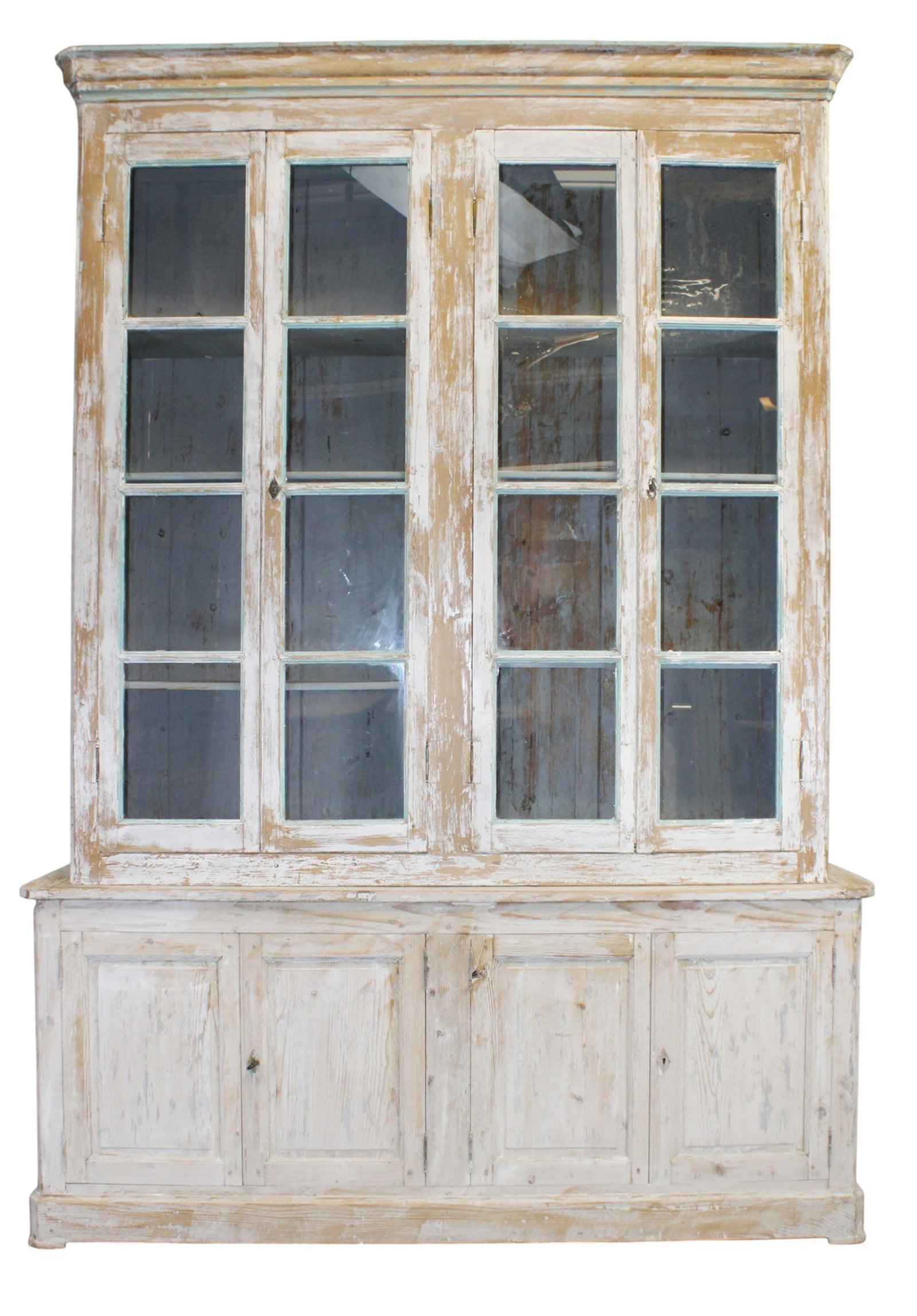 French Louis Phillipe 4 door bookcase in white painted rubbed with and paned doors: French Louis Phillipe 4 door bookcase in white painted rubbed with and paned doors. 19th century. 102 1/4"h x 74 1/8"w x 17 1/2"d