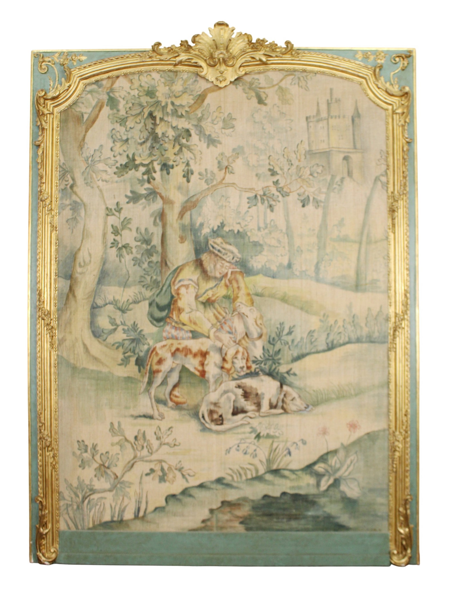 French printed tapestry in Regency carved, painted and parcel gilt frame (1 of 7)