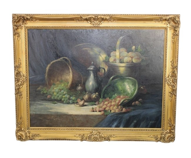 Grand scale French oil on canvas painting still life signed G. Duval: Grand scale French oil on canvas still life painting. Signed l/r G. Duval. Early 20th century. 38 1/2"h x 51"w Framed 48 5/8"h x 61 1/4"w
