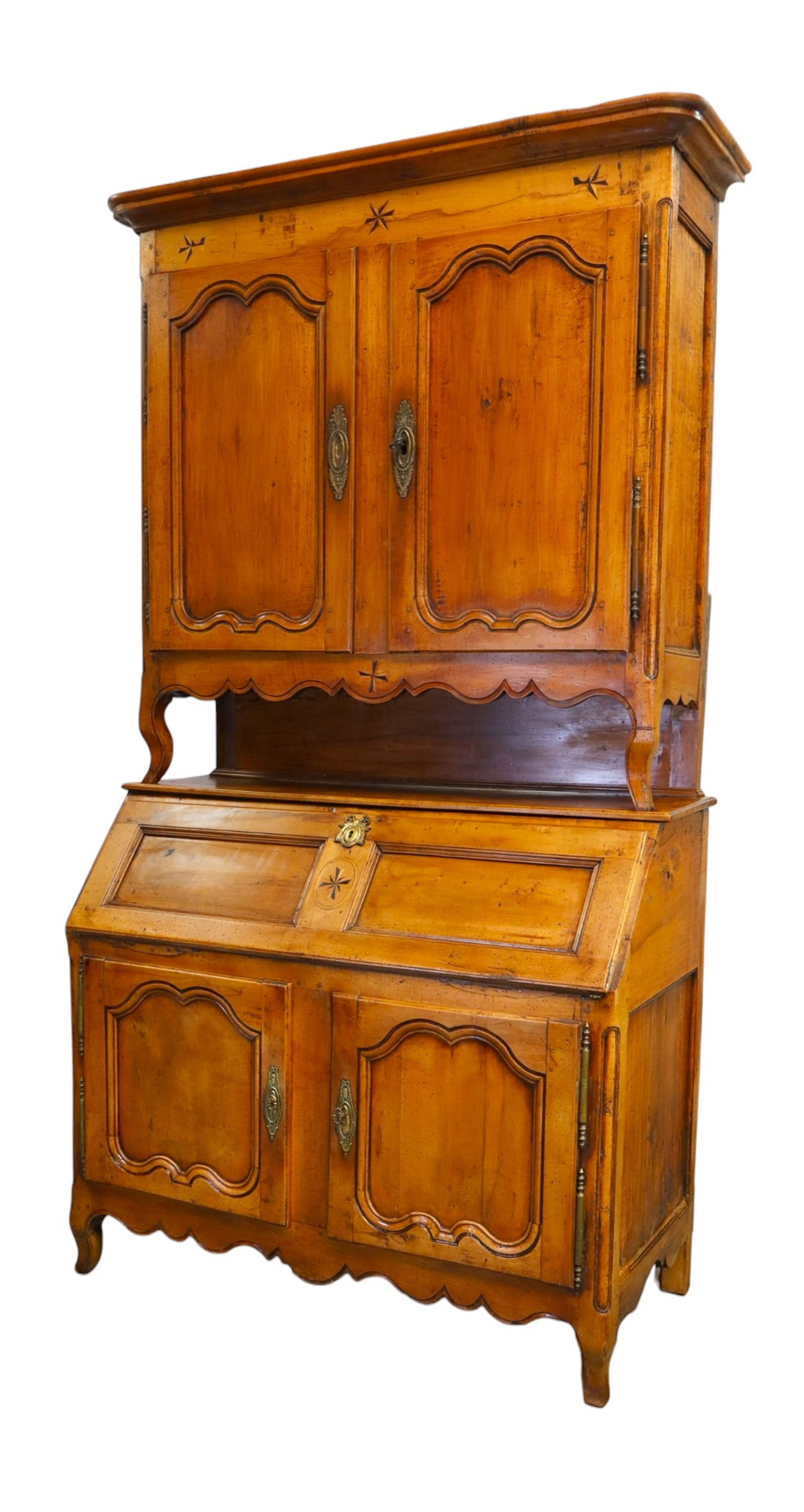 French Provincial deux corps fall front secretary with inlaid Maltese cross: French Provincial deux corps fall front secretary in walnut with marquetry Maltese crosses. 18th century. 85 3/4"h x 47"w x 22"d