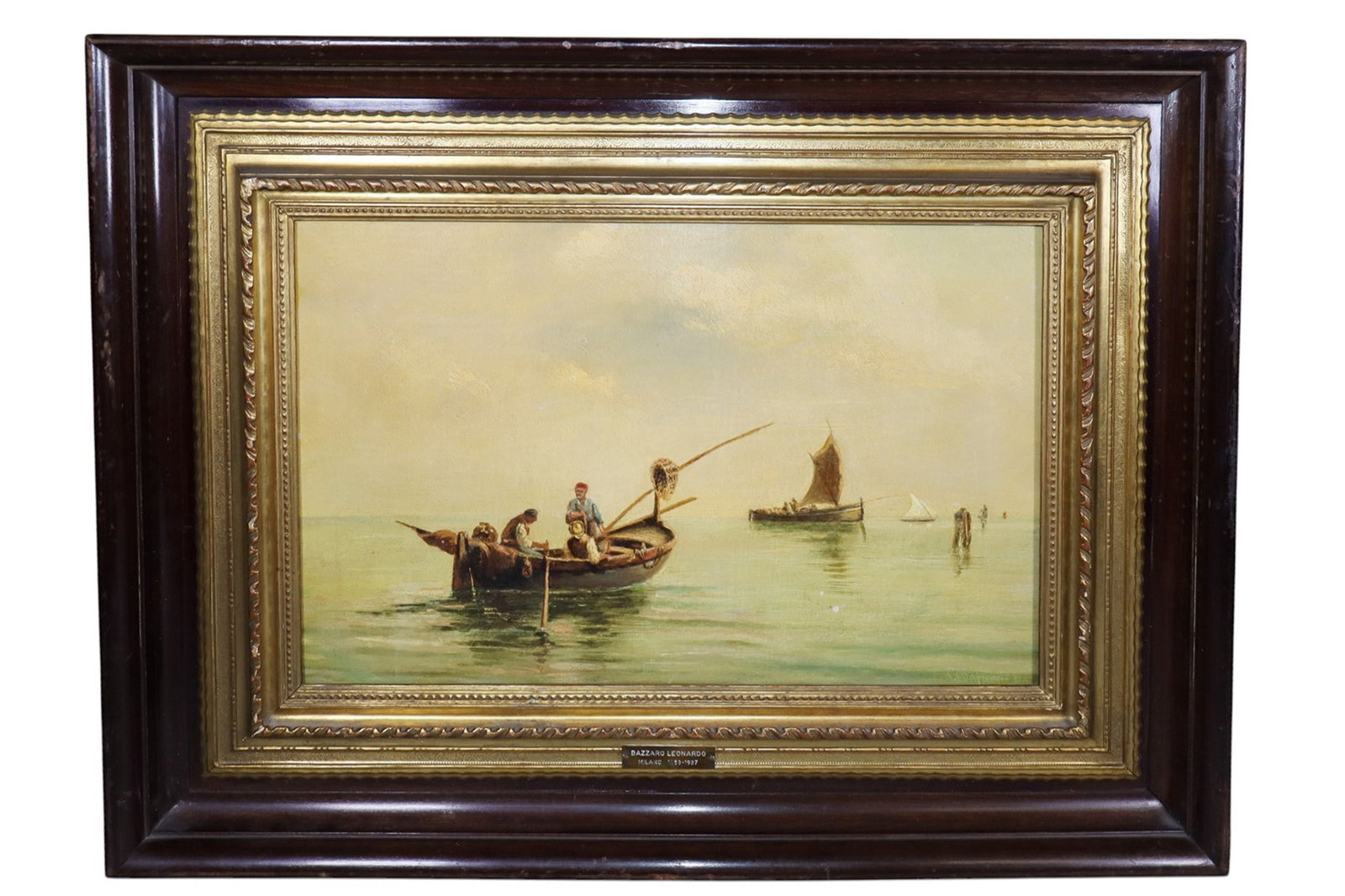 Bazzaro Leonardo (Italian 1853-1937) Oil on canvas painting seascape with fisherman: Bazzaro Leonardo (Italian 1853-1937) Oil on canvas painting seascape with fisherman Overall: 19"h x 24 1/2"w x 1 3/4"d Sight: 10 5/8"h x 16 3/8"w Weight: 4lbs