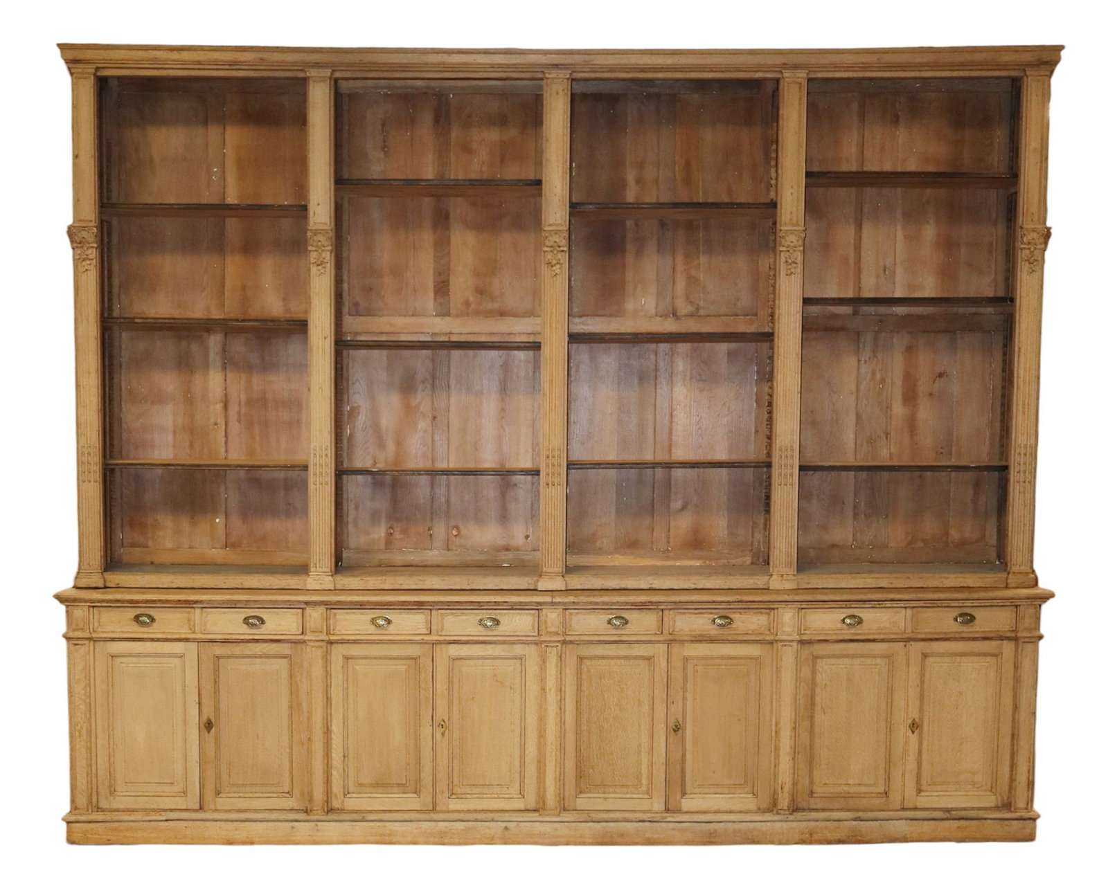 Monumental French open shelf bookcase in oak with fluted pilasters (1 of 8)