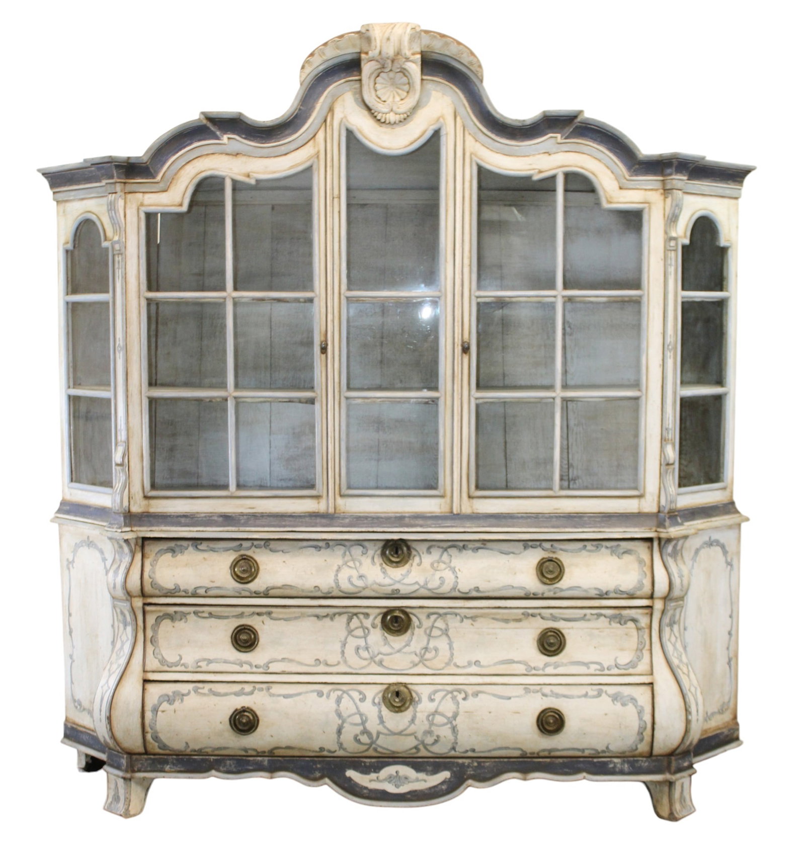 Dutch Rococo painted walnut vitrine over 3 drawer bombe commode (1 of 15)