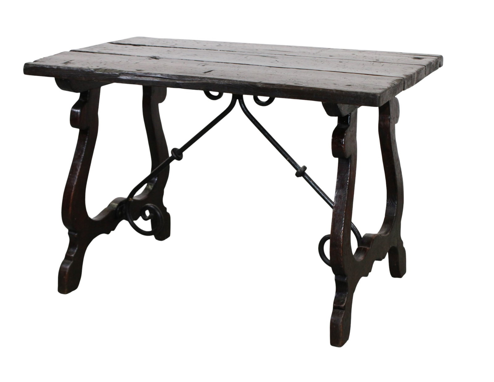 Italian trestle base side table in stained pine with iron stretcher (1 of 6)