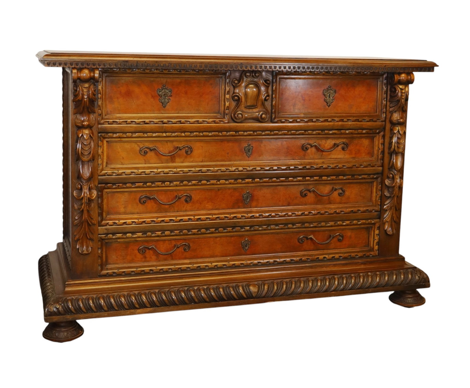 Italian Baroque 2 over 3 commode in walnut with carved acanthus leaves: Italian Baroque 2 over 3 commode in walnut with carved acanthus leaves. 38 3/4"h x 58"w x 21 1/2"d