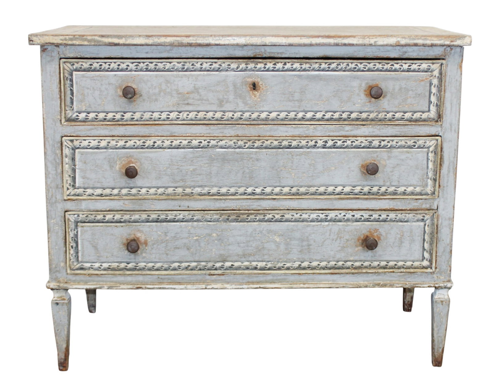 Italian painted 3 drawer commode with acanthus leaf decoration: Italian painted 3 drawer commode with acanthus leaf decoration. 19th century. 37"h x 45 3/8"w x 21 5/8"d