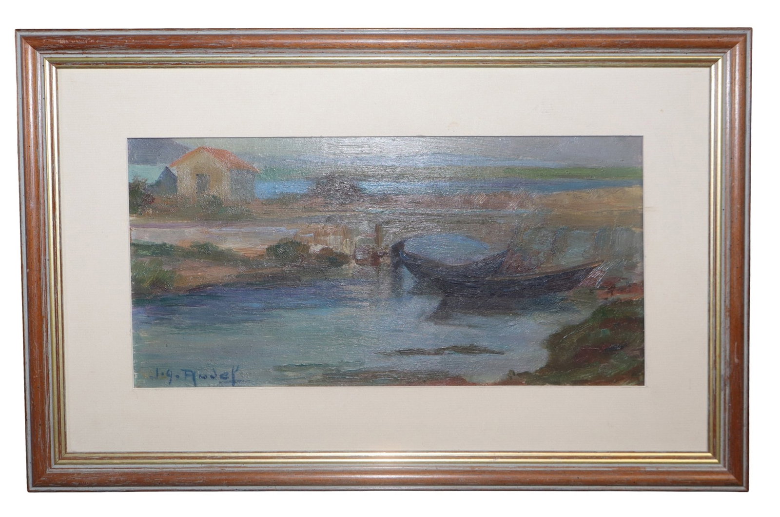 Jean-Aristide Rudel (1884-1959) oil on board painting coastal landscape with boars signed l/l J. A.: Jean-Aristide Rudel (French, 1884-1959) oil on board landscape painting riverfront with bridge and boats. Overall framed size 9 7/8"h x 15 1/4"w, sight size 5 1/4"h x 10 4/8"w. Weight: 1lbs