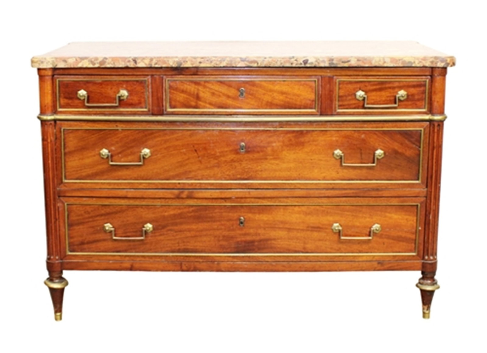 French Louis XVI 3 drawer commode in walnut with brocatelle marble top (1 of 9)