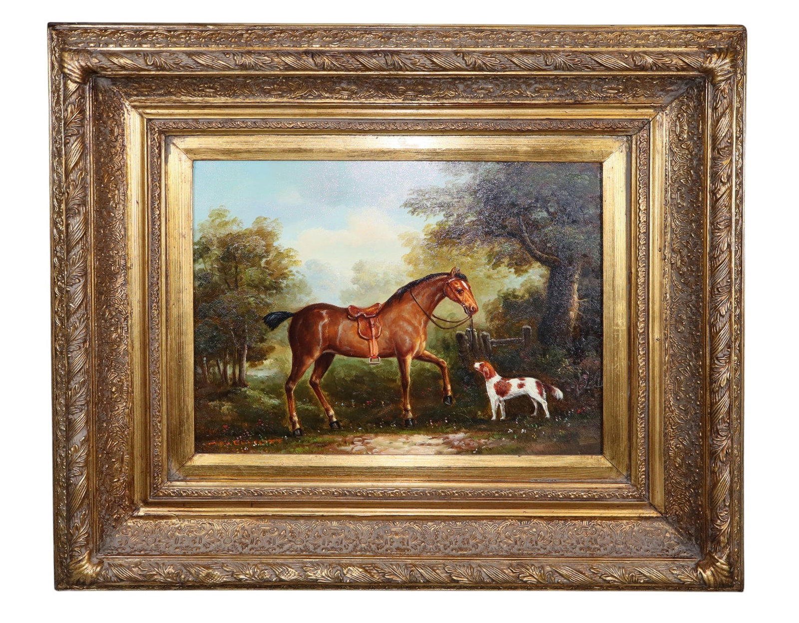 Oil on canvas painting of horse and dog