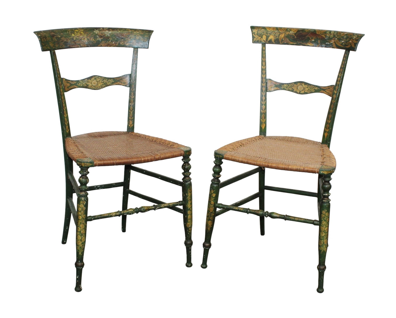 Pair of French Chinoiserie petite side chairs with painted finish and woven seat: Pair of French Chinoiserie petite side chairs with painted finish and woven seat. 19th century. 31 1/2 x 16 x 13" Seat 17"h