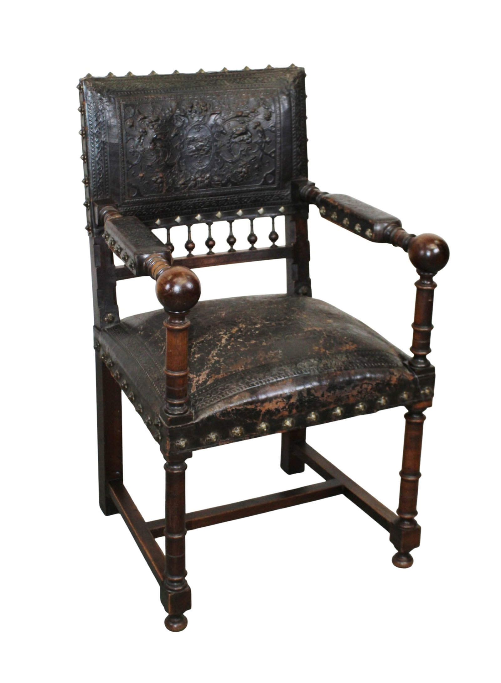 French Renaissance Revival walnut armchair with tooled leather: French Renaissance Revival walnut armchair with tooled leather. Late 19th century. 38"h x 24"w x 22"d, seat height 21"