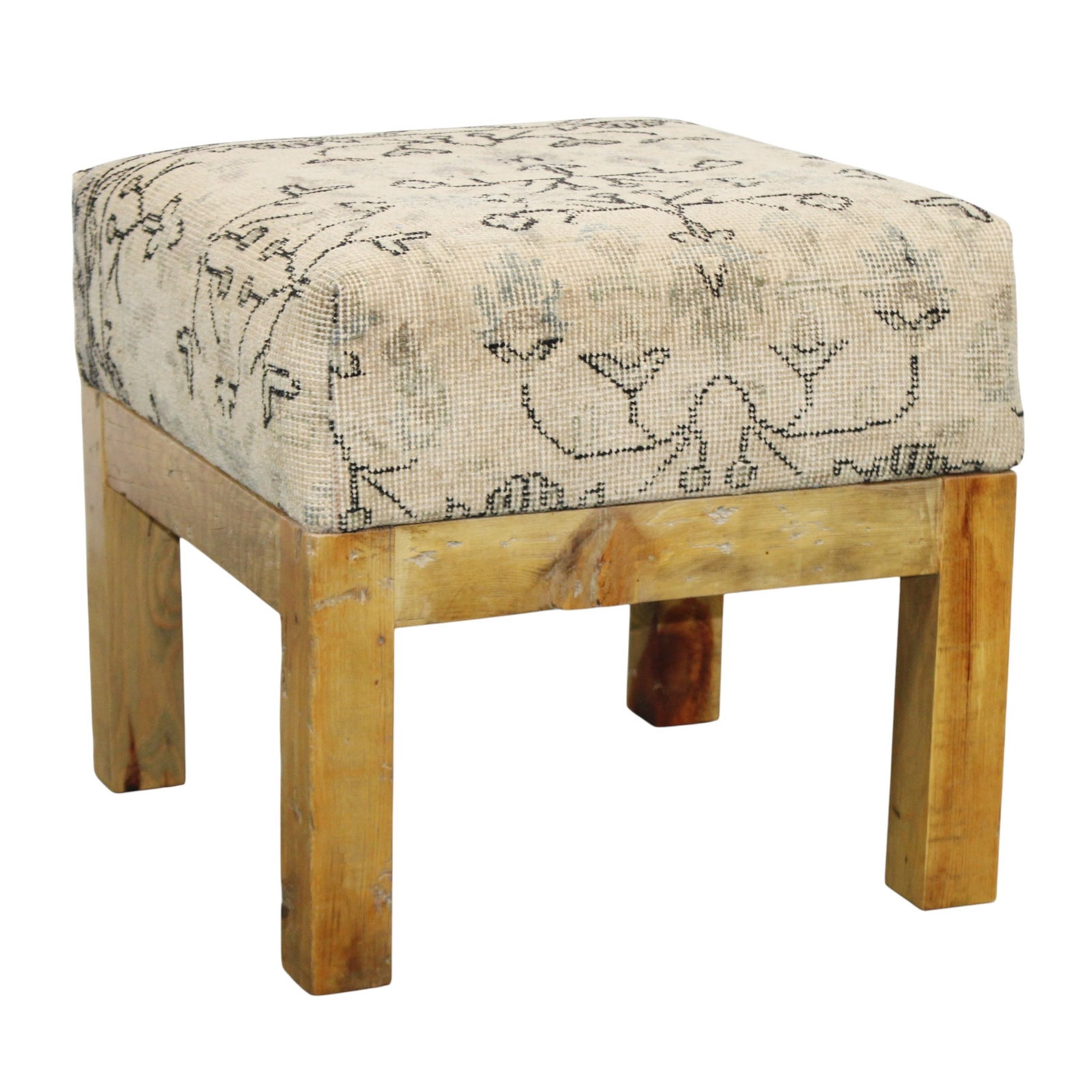 French Brutalist foot stool ottoman covered with Kilim rug: French Brutalist foot stool ottoman covered with Kilim rug. 20"h x 21"sq