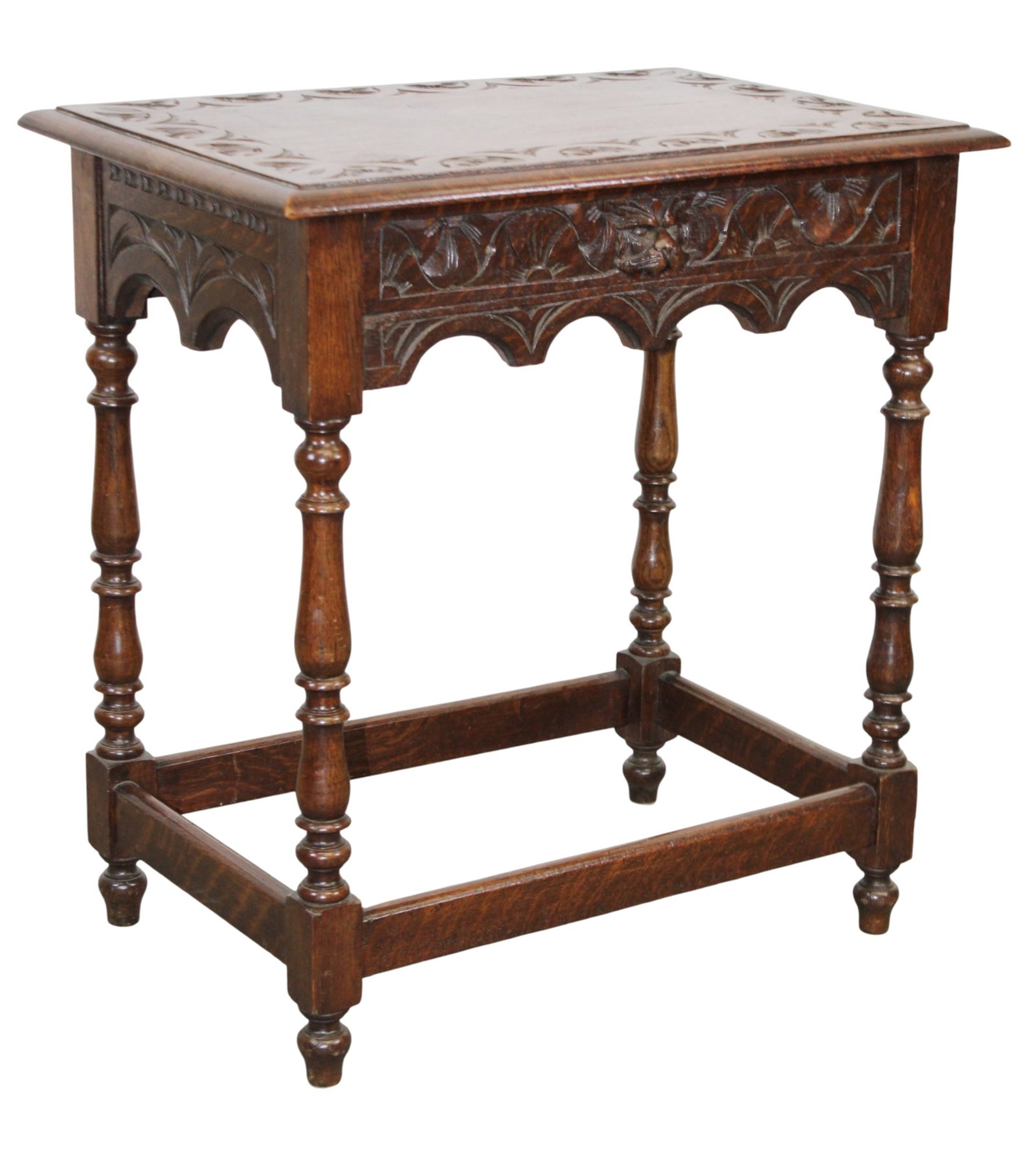 English side table in oak on turned legs with figural mask drawer pull (1 of 9)