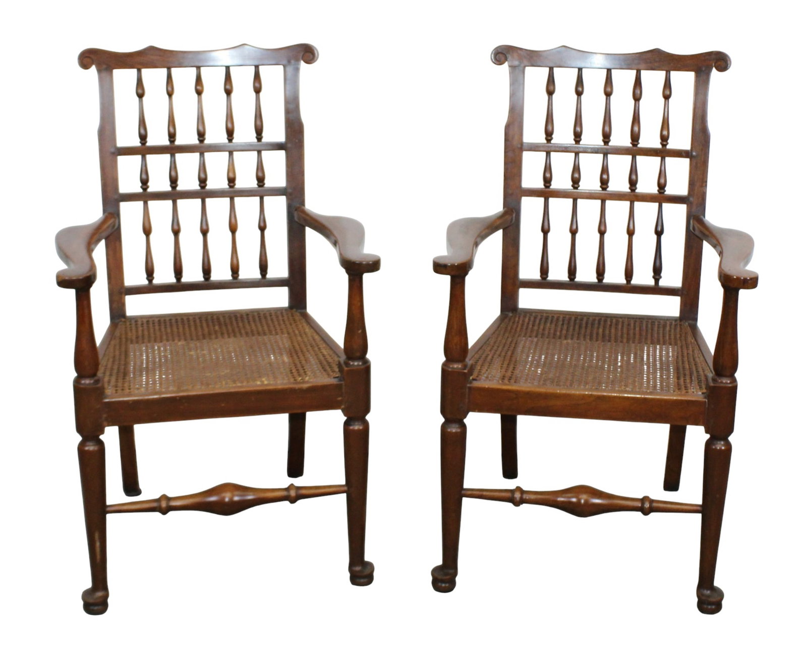 Pair of English spindle back armchairs: Pair of English spindle back armchairs with cane seats. 40 5/8"h x 21 1/2"w x 21 1/2"d Seat: 18"h