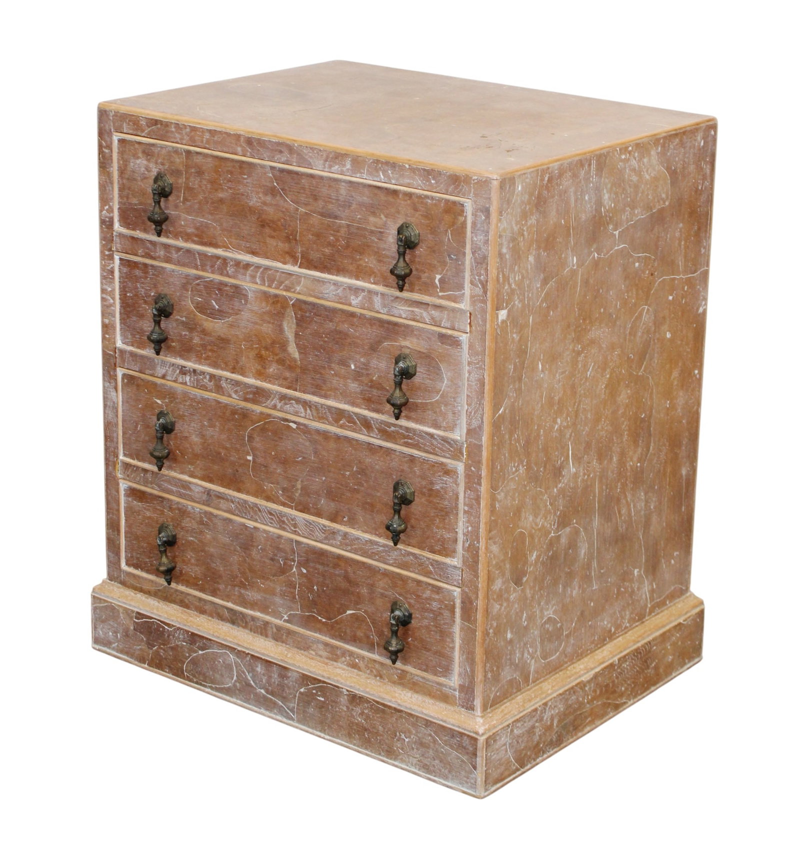 English oyster burl 4 drawer side table chest: English oyster burl 4 drawer side table chest with a white washed finish.. Late 20th century. 23 5/8"h x 20 3/4"w x 15 1/4"d