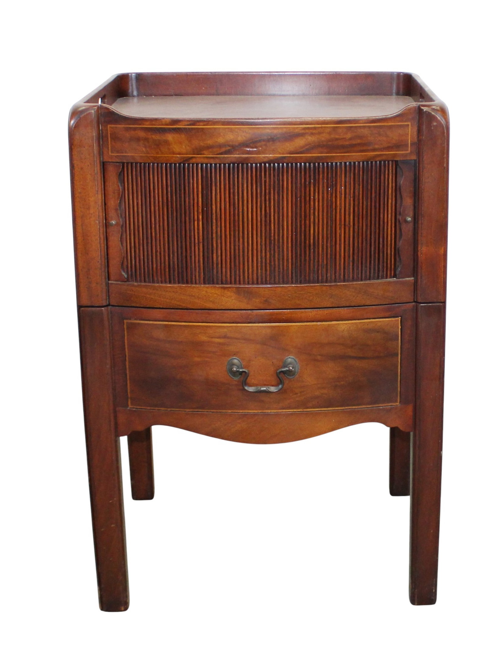 English tambour door side table in mahogany: English tambour door side table in mahogany with leather pullout. 31"h x 21"w x 19"d
