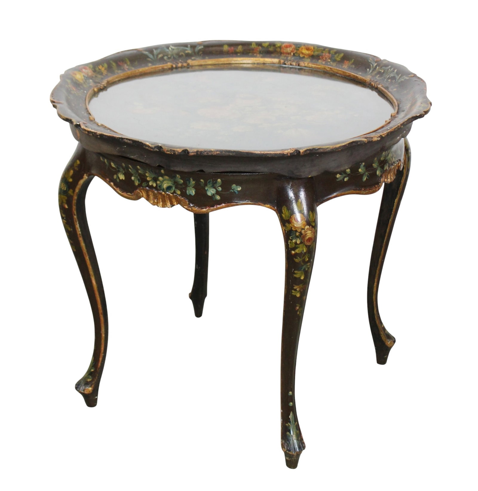 English Chinoiserie style floral painted black lacquered tea table with removeable tray: English Chinoiserie style floral painted black lacquered tea table with removeable tray. 21"h x 24 1/4"dia