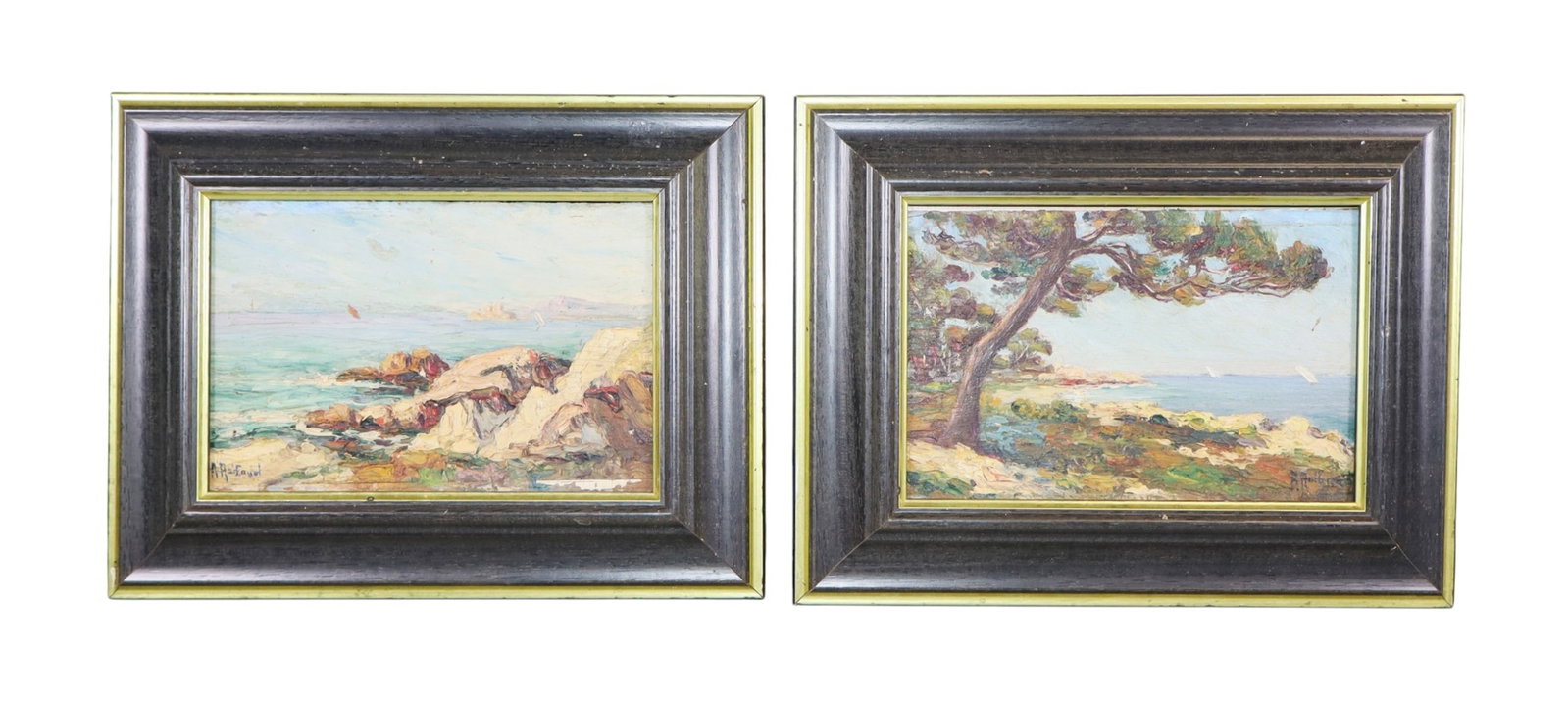 Pair of petite French oil on artist board coastal landscape paintings: Pair of petite French oil on artist board coastal landscape paintings. Signed l/l & l/r. 8"h x 10 1/2"w, sight: 4 1/2"h x 7"w. weight: <1lb