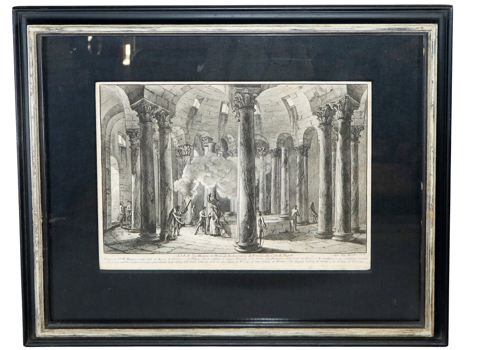 Italian engraving after Jean Pierre Louis Laurent: Italian engraving visitors with torches inside a circular building after Jean Pierre Louis Laurent Ho?el. Overall framed size 21 1/4"h x 25"w, Image size 11 1/2"h x 15 5/8"w. Weight: 5lbs