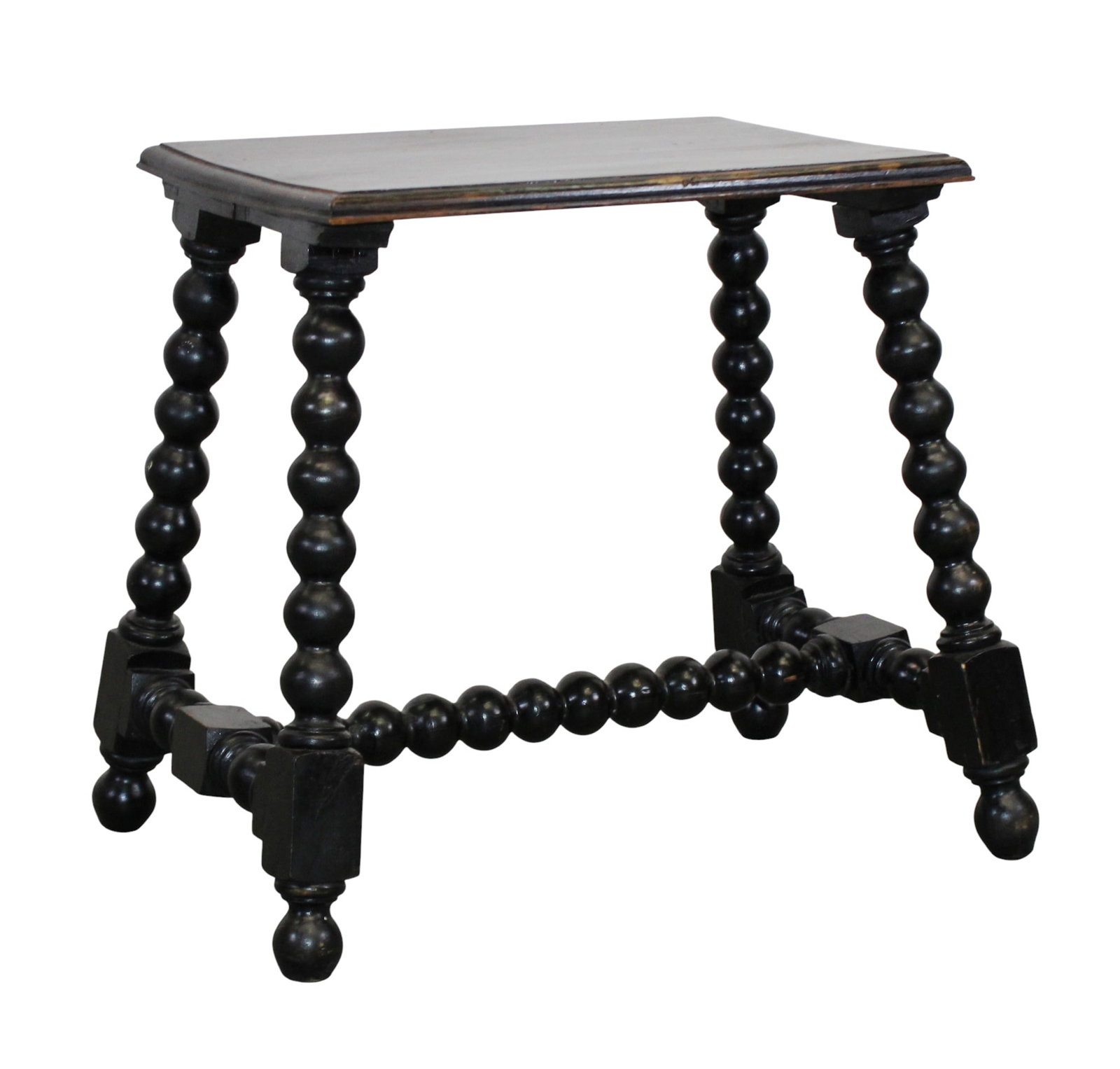 French bobbin leg side table with ebonized finish: French bobbin leg side table in pine with ebonized finish. Mid 20th century. 19 1/2"h x 18 3/4"w x 13 1/4"d