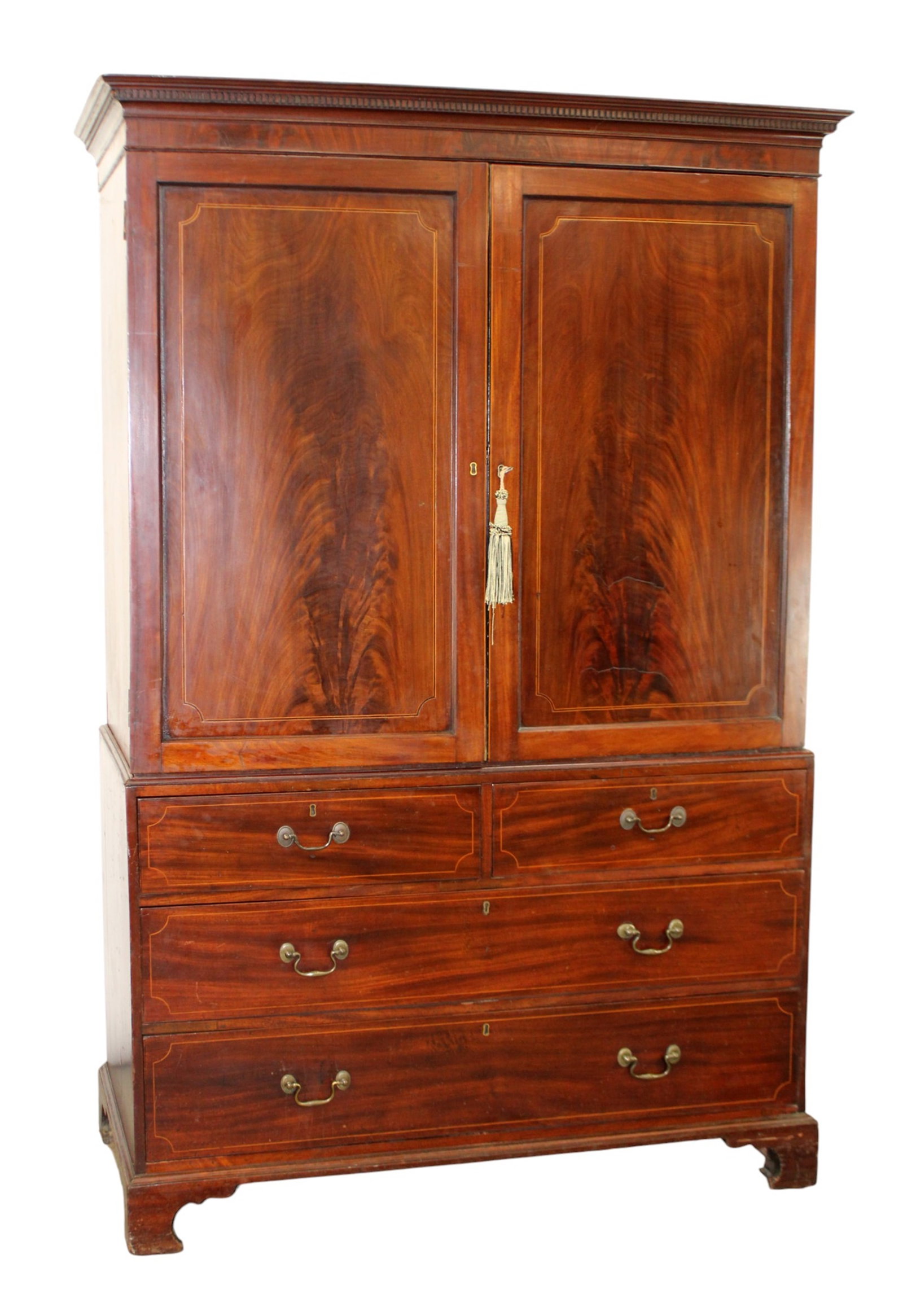 English Georgian linen press in banded mahogany: English Georgian linen press in mahogany. 18th century. 77 7/8"h x 50 7/8"w x 24 3/8"d