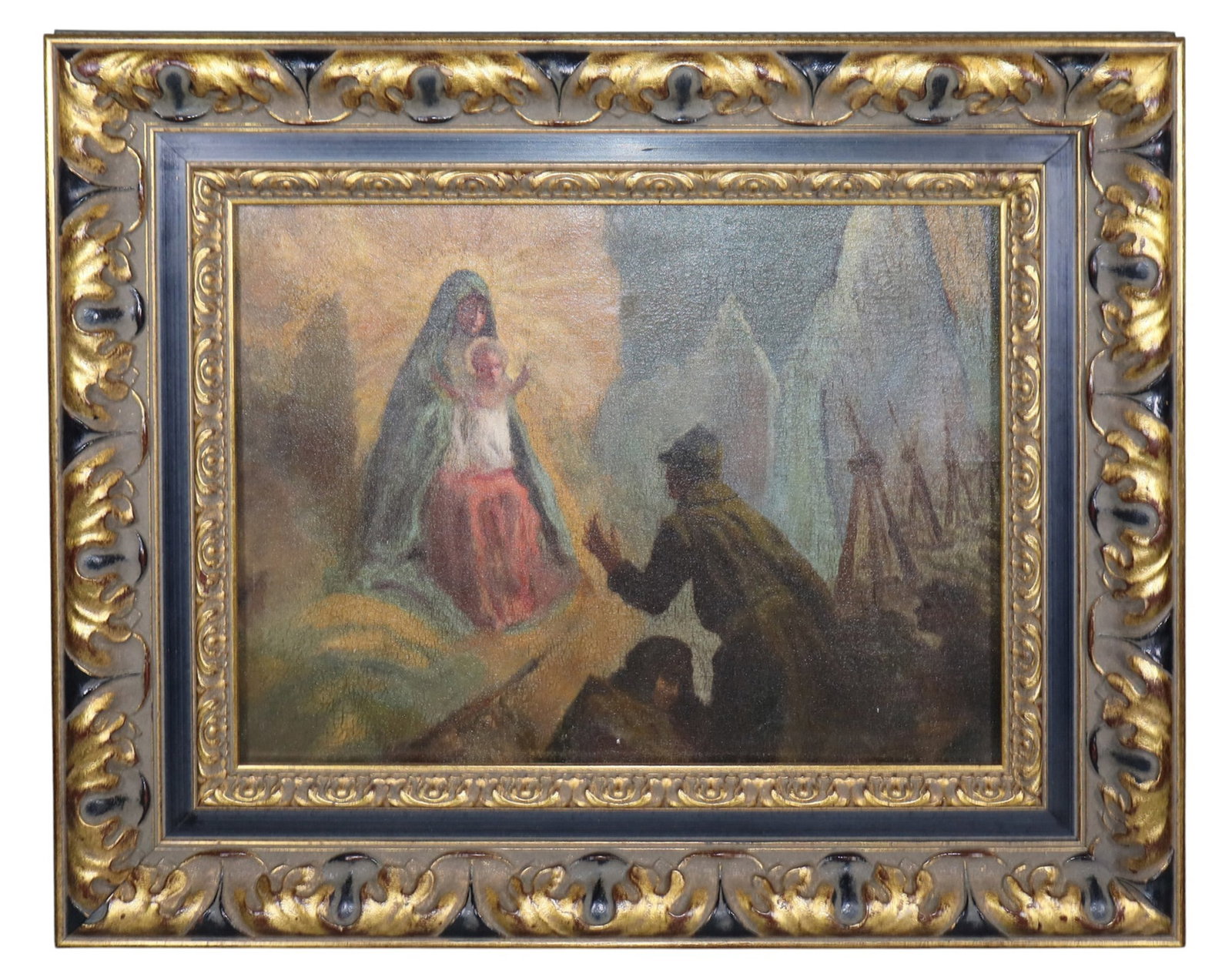 Italian oil on canvas painting depicting religious apparition scene of Madonna and child: Italian oil on canvas painting depicting religious apparition scene of Madonna and child. 21 1/2"h x 25 3/3"w x 2"d Sight: 13 3/8"h x 17 5/8"w Weight: 8lbs