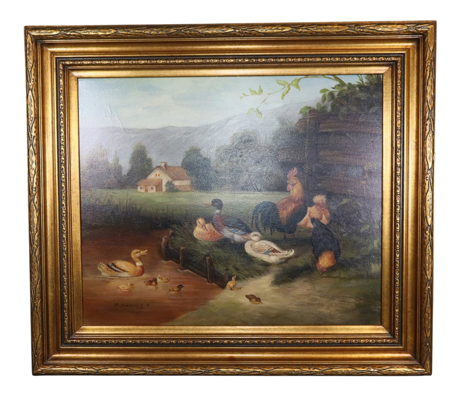 Framed oil on canvas painting of farm scene: Framed oil on canvas painting of farm scene - signed l/l Courbet. Overall: 27 1/2"h x 31 1/4"w Sight: 19 1/2"h x 23 1/2"w Weight:7lbs