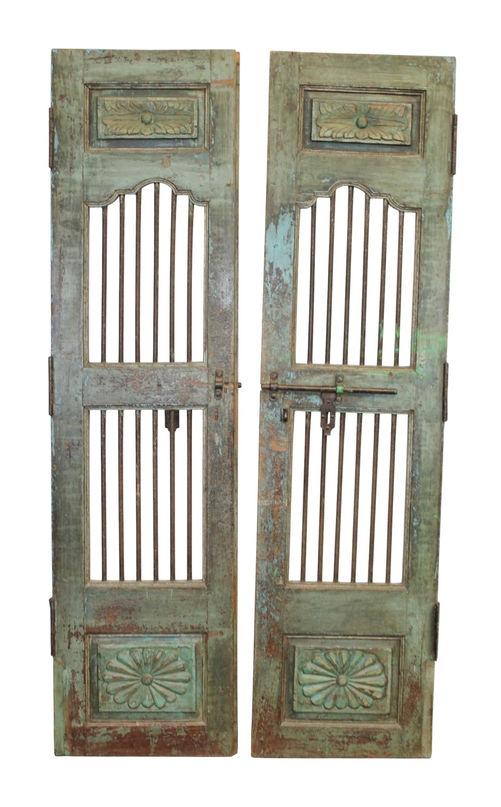 Pair of Indian doors in painted finish with iron bars: Pair of Indian doors in painted finish with iron bars. 73 3/4"h x 19"w each door