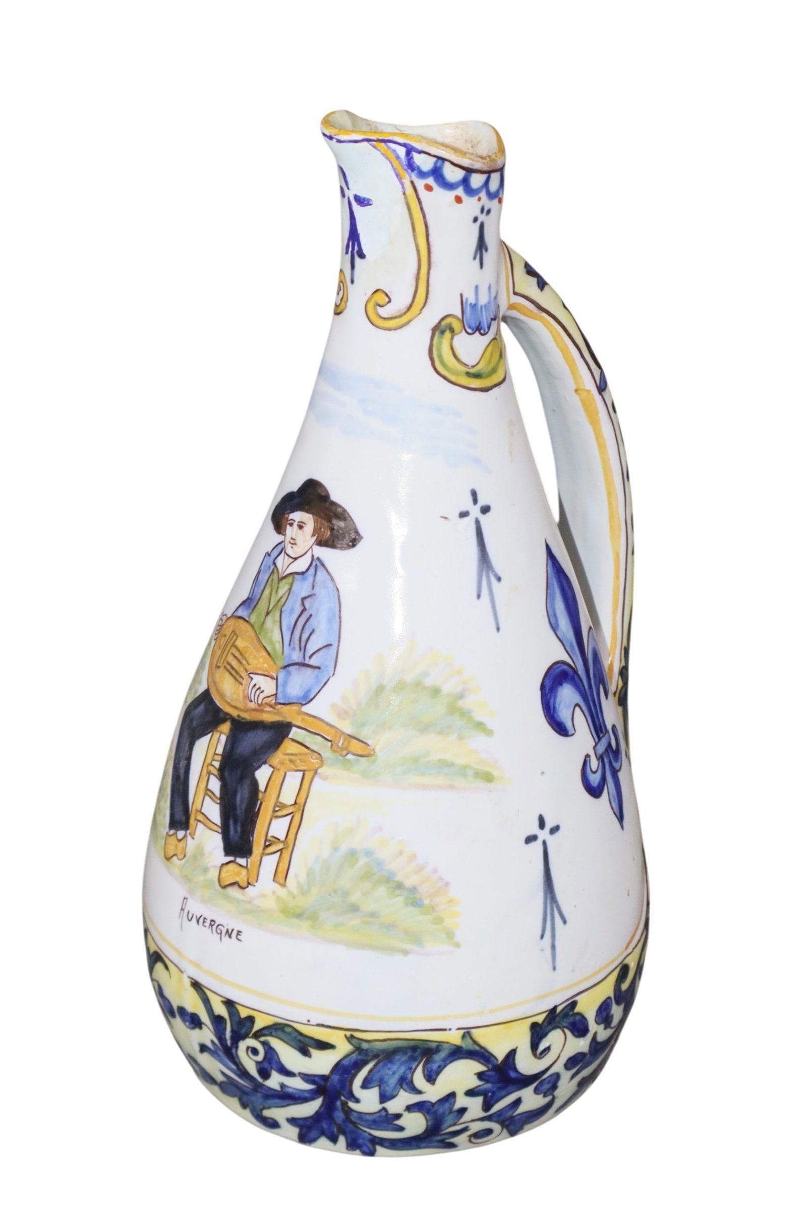 Petite French Auvergne faience pitcher with mandolin player (1 of 8)