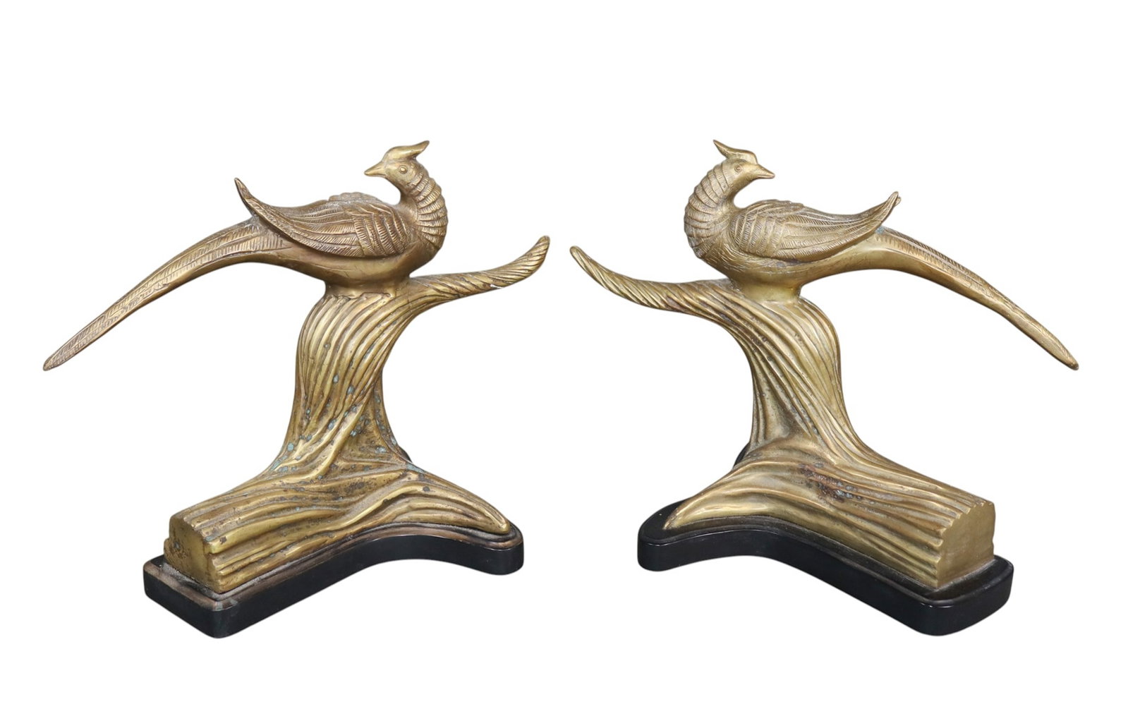 Pair of Palm Beach Regency style brass pheasants on branches: Pair of Palm Beach Regency style brass pheasants on branches. 12 3/8"h x 11"w x 10 3/8"d Weight: 18lbs total