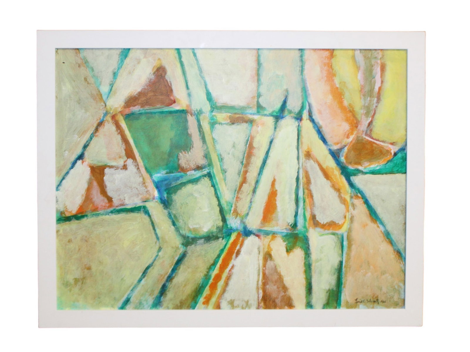 Frank Schwartz abstract oil on board painting: Frank Schwartz abstract oil on board painting. Signed lower right and dated 1965. 21 3/8"h x 27 1/8"W overall framed size