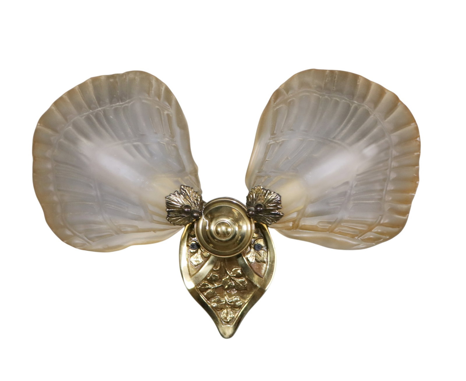 Art Nouveau style brass wall sconce with shell form frosted glass shades