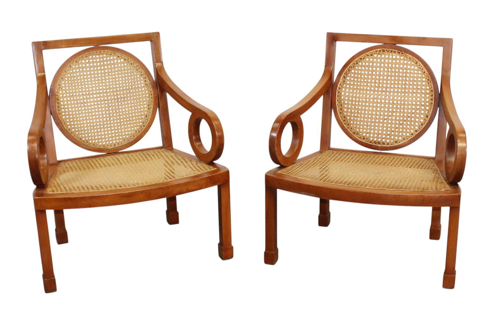 Pair of Teak armchairs with caned seat and backs and circle arms (1 of 8)