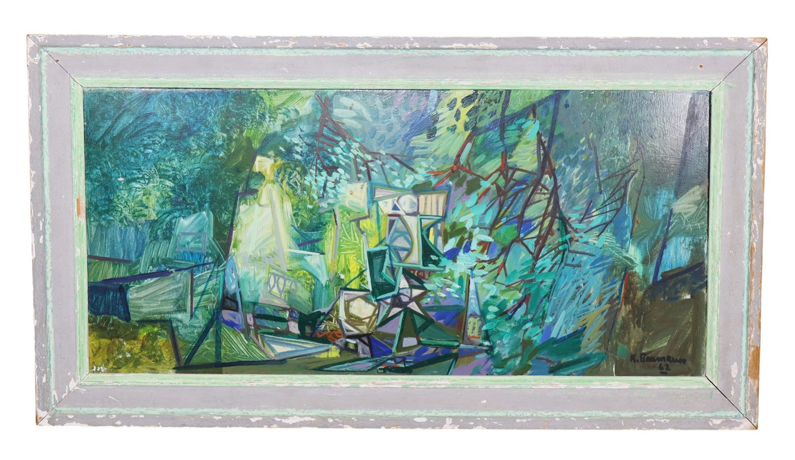 Karl Baumann oil on artist board painting Lost Ruins: Karl Baumann (American, Northern California, 1911-1984) oil on artist board painting Lost Ruins. Painted on "found object" Bears multiple gallery and exhibition labels on back. 18 1/2"h x 34 1/2"w ove