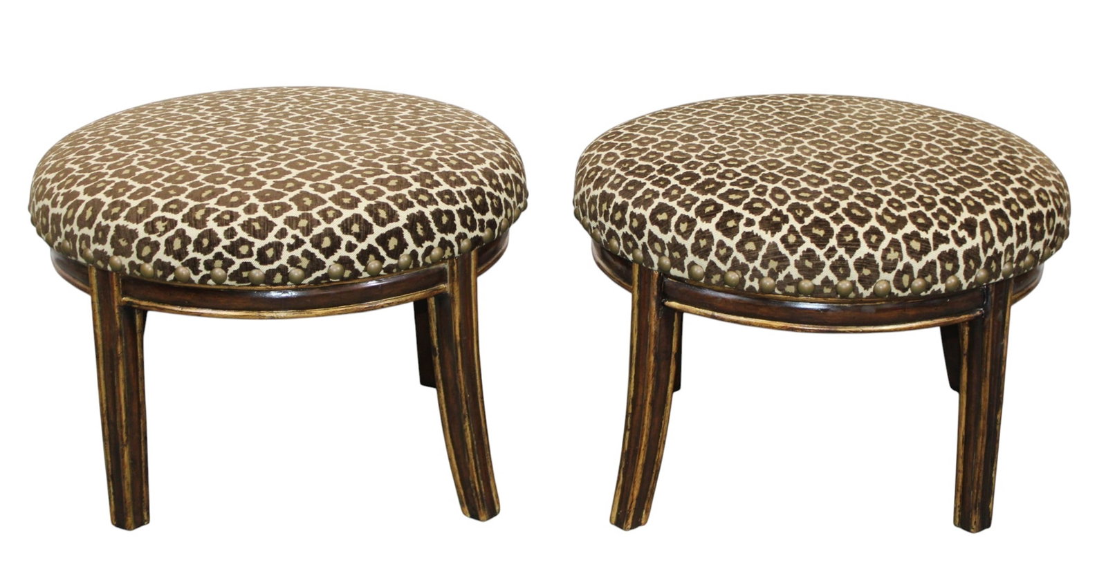 Companion pair of Regency style painted round footstools: Companion pair of Regency style painted round footstools. Flared legs, painted finish and leopard print upholstery. Late 20th century. 14 1/2"h x 22" dia