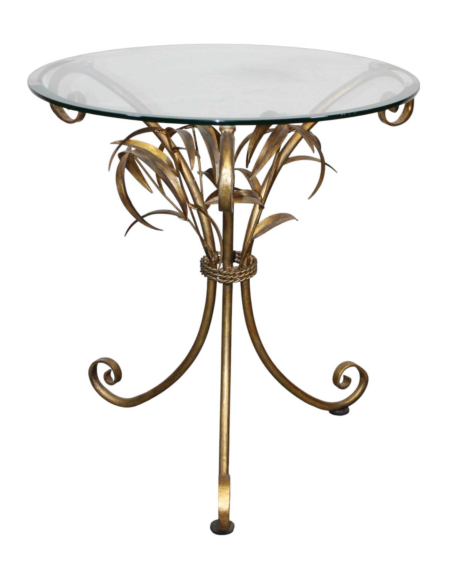 Italian gilt metal side table gueridon with wheat and round glass top (1 of 8)