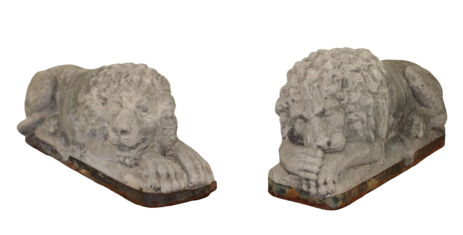 Companion pair of garden stone entry lions: Companion pair of garden stone entry lions. Each approximately: 19"h x 41"w x 13 1/2"d